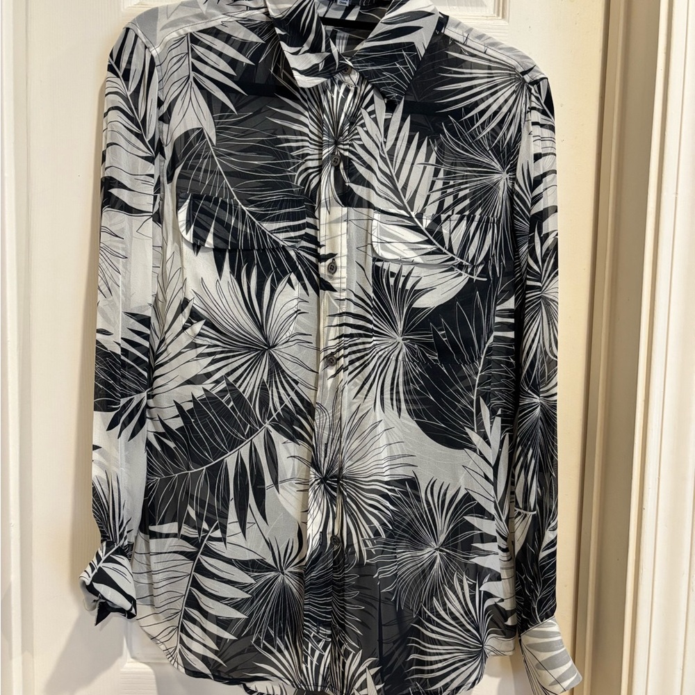 Equipment Sheer Black and White Leaf Print Shirt New